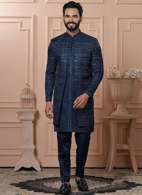 Blue rayon embroidered premium designer indo western for men's 1