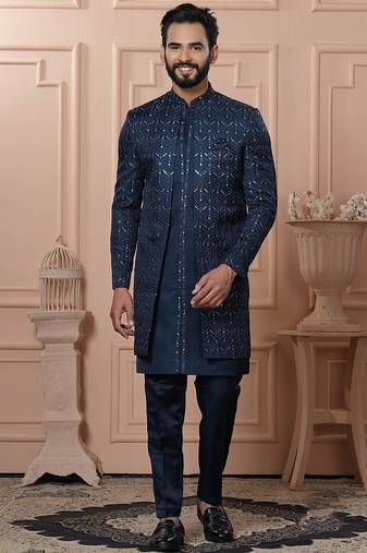 Blue rayon embroidered premium designer indo western for men's