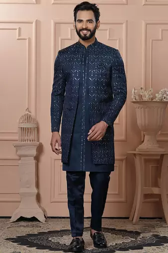 Blue rayon embroidered premium designer indo western for men's