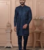 Blue rayon embroidered premium designer indo western for men's