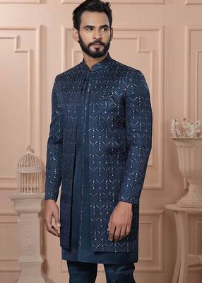 Blue rayon embroidered premium designer indo western for men's 2