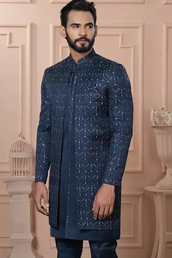 Blue rayon embroidered premium designer indo western for men's