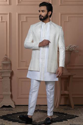 White silk embroidered premium designer indo western for men's