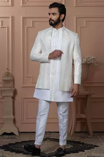 White silk embroidered premium designer indo western for men's