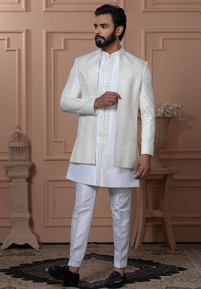 White silk embroidered premium designer indo western for men's