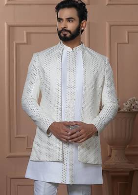 White silk embroidered premium designer indo western for men's 2