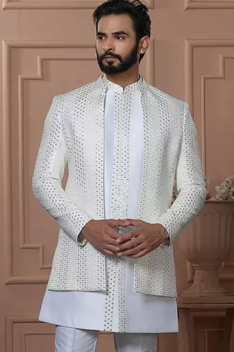 White silk embroidered premium designer indo western for men's