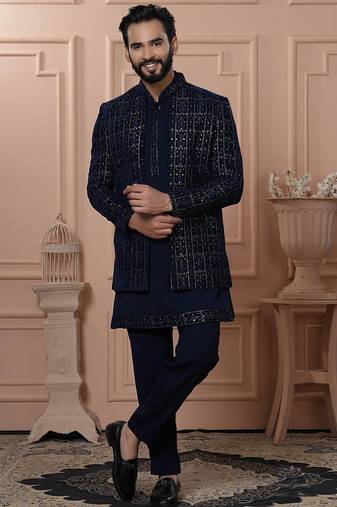Blue velvet embroidered premium designer indo western for men's