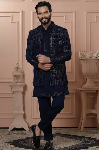 Blue velvet embroidered premium designer indo western for men's