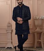 Blue velvet embroidered premium designer indo western for men's