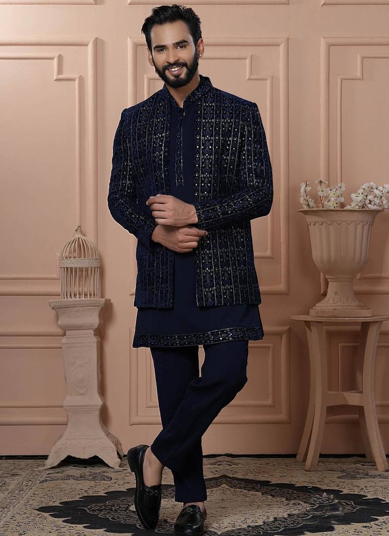 Blue velvet embroidered premium designer indo western for men's