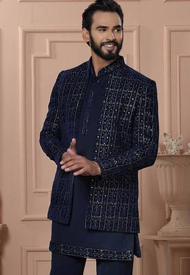 Blue velvet embroidered premium designer indo western for men's 2