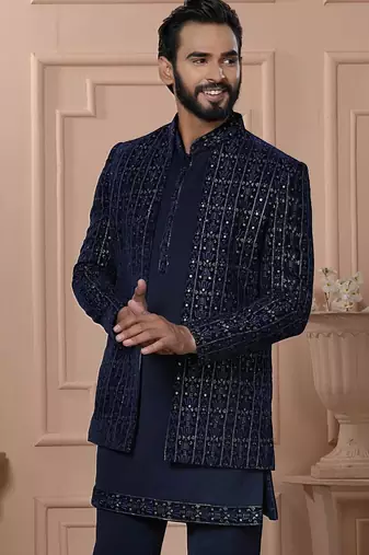 Blue velvet embroidered premium designer indo western for men's