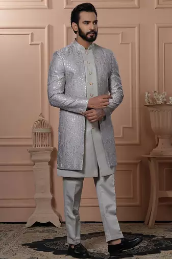 Grey silk embroidered premium designer indo western for men's