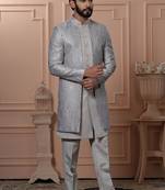 Grey silk embroidered premium designer indo western for men's