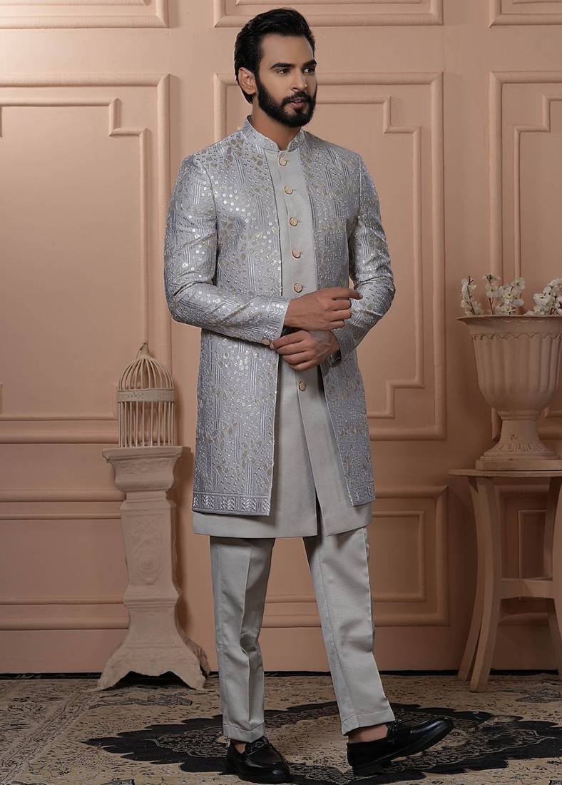 Grey silk embroidered premium designer indo western for men's