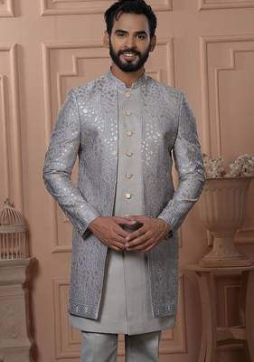 Grey silk embroidered premium designer indo western for men's 2