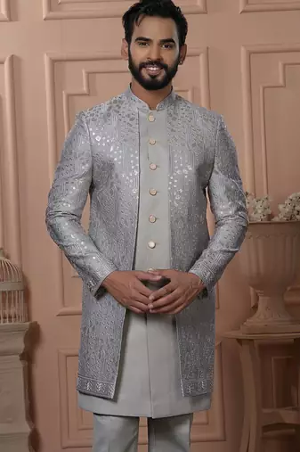 Grey silk embroidered premium designer indo western for men's