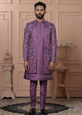 Pink silk embroidered premium designer indo western for men's 1