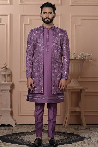 Pink silk embroidered premium designer indo western for men's