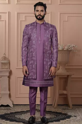 Pink silk embroidered premium designer indo western for men's