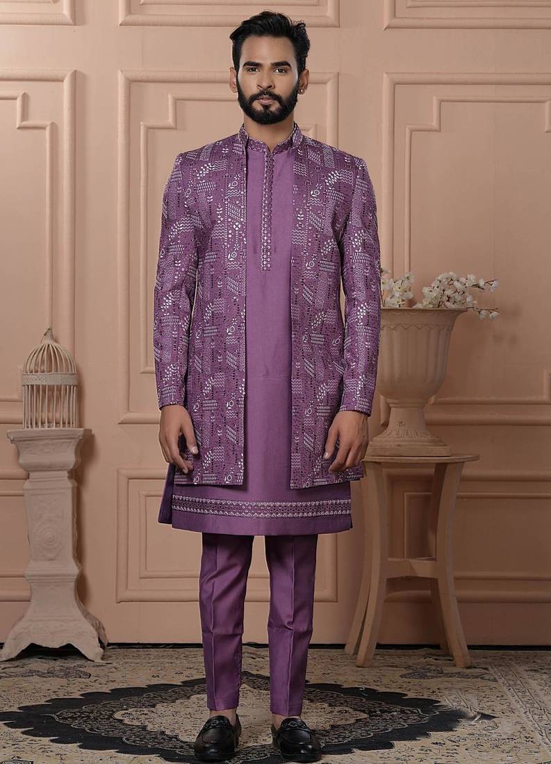 Pink silk embroidered premium designer indo western for men's