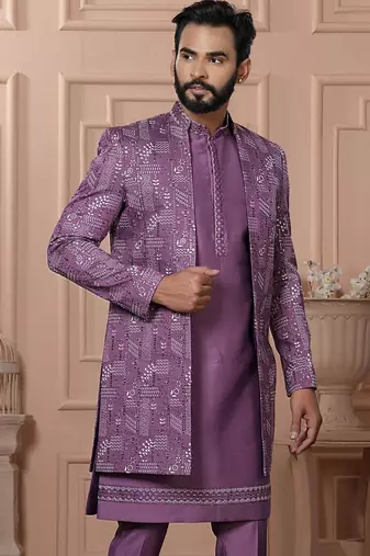 Pink silk embroidered premium designer indo western for men's