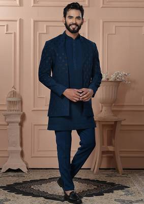 Blue velvet embroidered premium designer indo western for men's 1