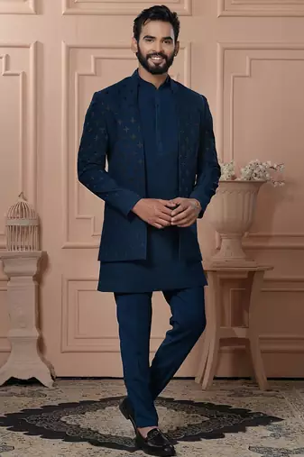 Blue velvet embroidered premium designer indo western for men's