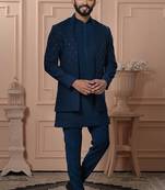 Blue velvet embroidered premium designer indo western for men's