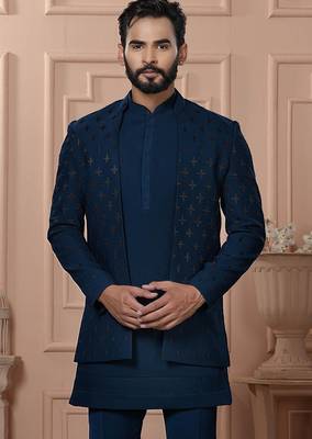 Blue velvet embroidered premium designer indo western for men's 2
