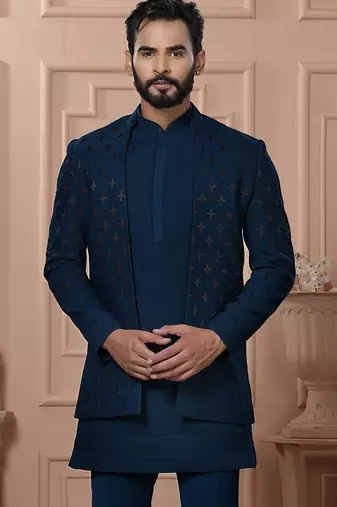 Blue velvet embroidered premium designer indo western for men's