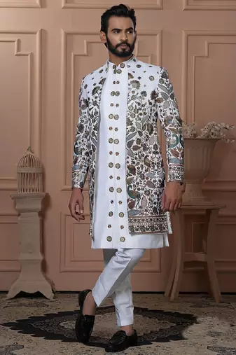 White silk embroidered premium designer indo western for men's