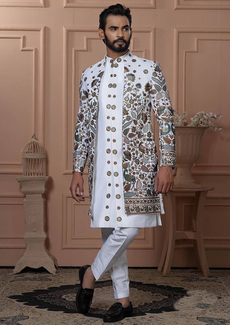 White silk embroidered premium designer indo western for men's
