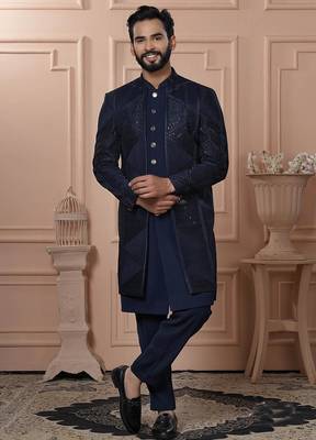 Blue velvet embroidered premium designer indo western for men's 1