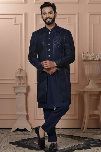 Blue velvet embroidered premium designer indo western for men's