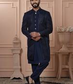 Blue velvet embroidered premium designer indo western for men's