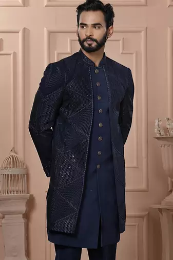 Blue velvet embroidered premium designer indo western for men's