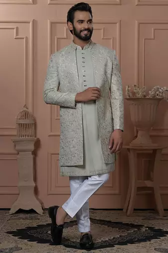 Green rayon embroidered premium designer indo western for men's