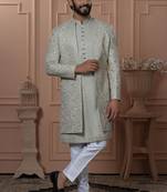 Green rayon embroidered premium designer indo western for men's