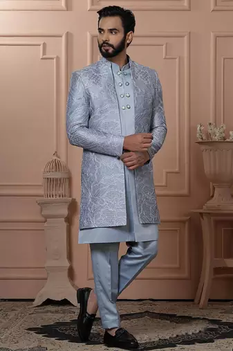 Grey rayon embroidered premium designer indo western for men's