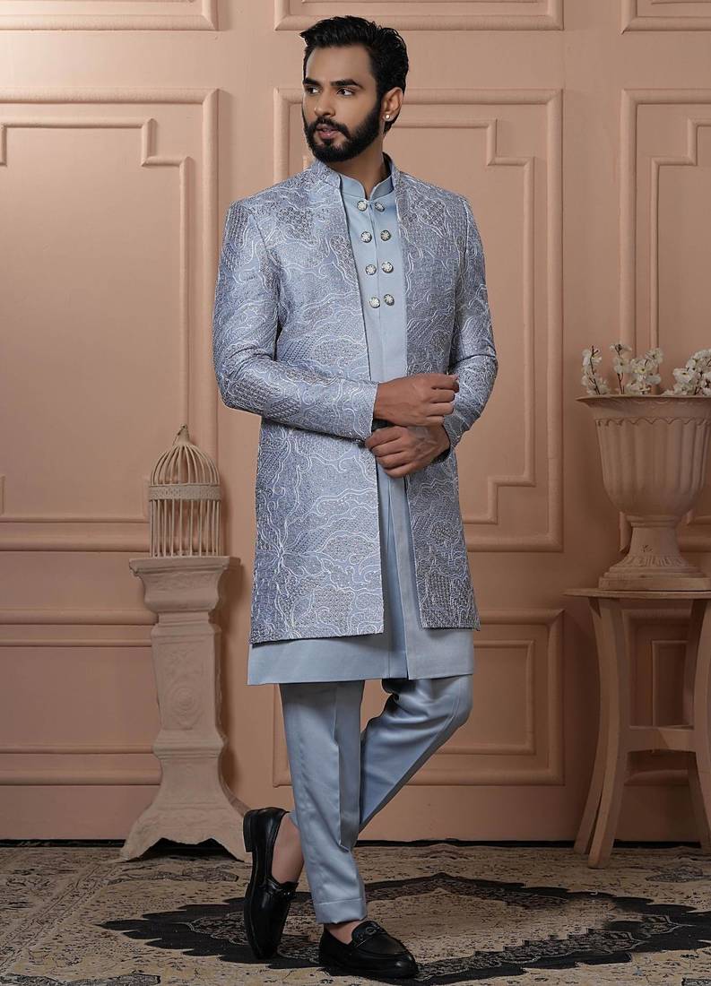Grey rayon embroidered premium designer indo western for men's