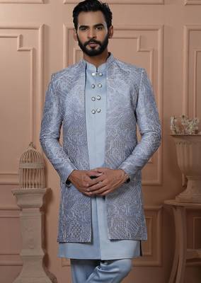 Grey rayon embroidered premium designer indo western for men's 2