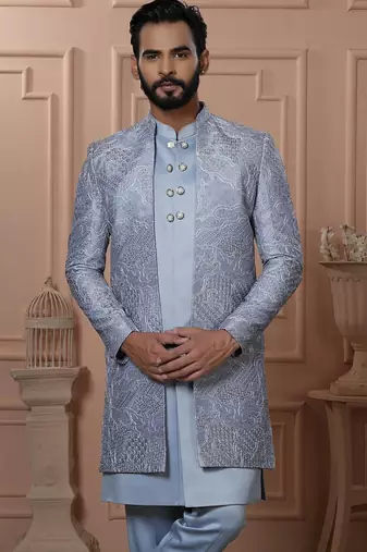 Grey rayon embroidered premium designer indo western for men's