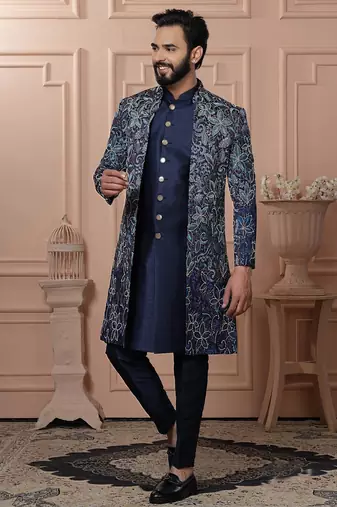 Blue silk embroidered premium designer indo western for men's