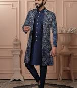 Blue silk embroidered premium designer indo western for men's