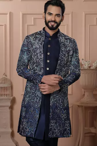 Blue silk embroidered premium designer indo western for men's
