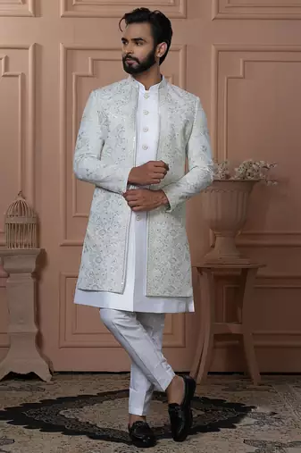 Blue silk embroidered premium designer indo western for men's
