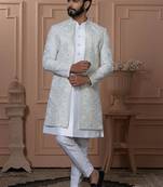 Blue silk embroidered premium designer indo western for men's