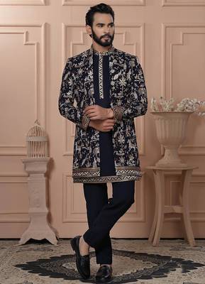 Blue velvet embroidered premium designer indo western for men's 1